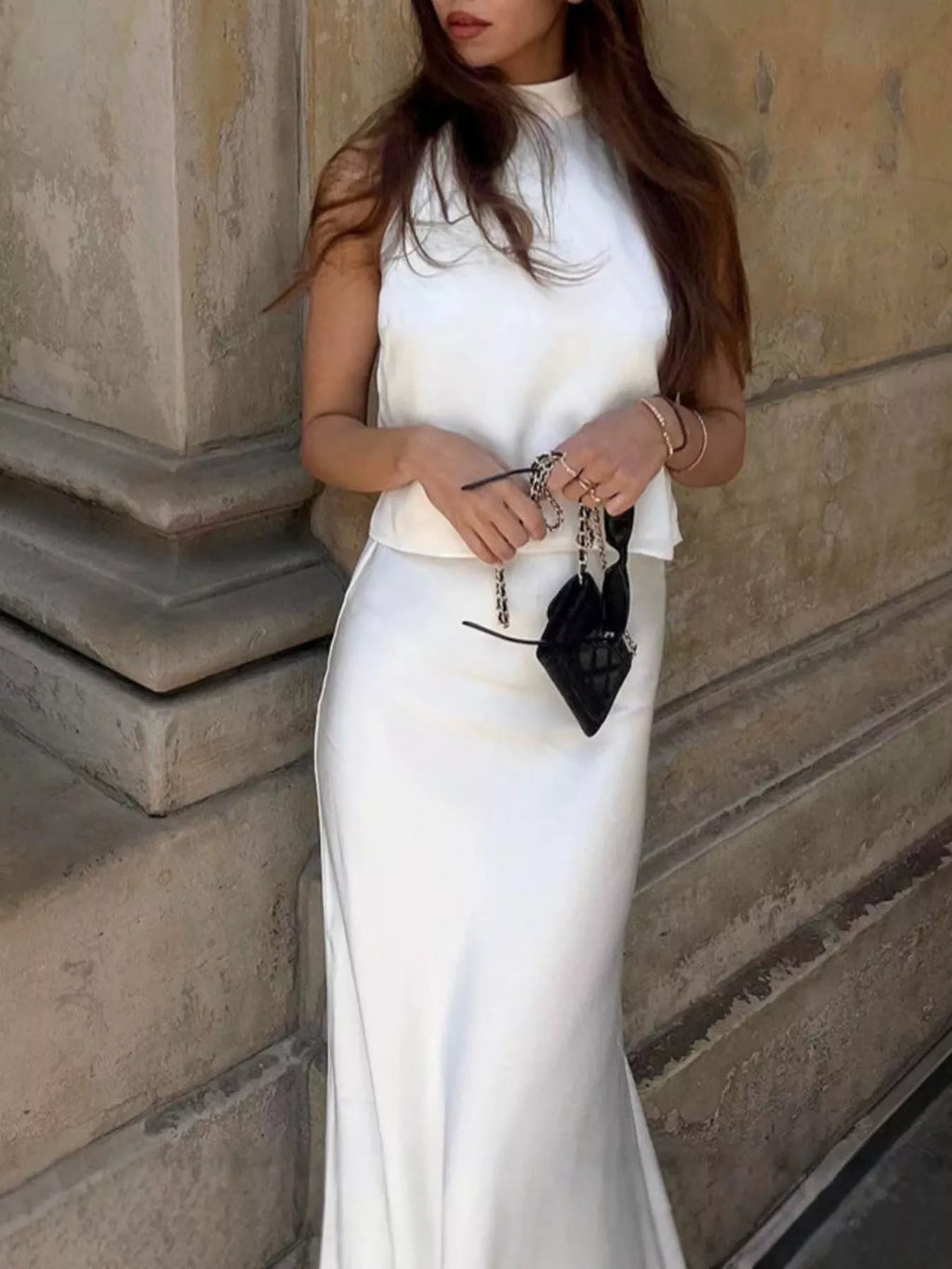 Satin Halter Neck Top and Maxi Skirt Two-Piece Set