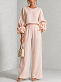 Full Size Floral Cuffs Top and Wide Leg Pants Set Plus Size