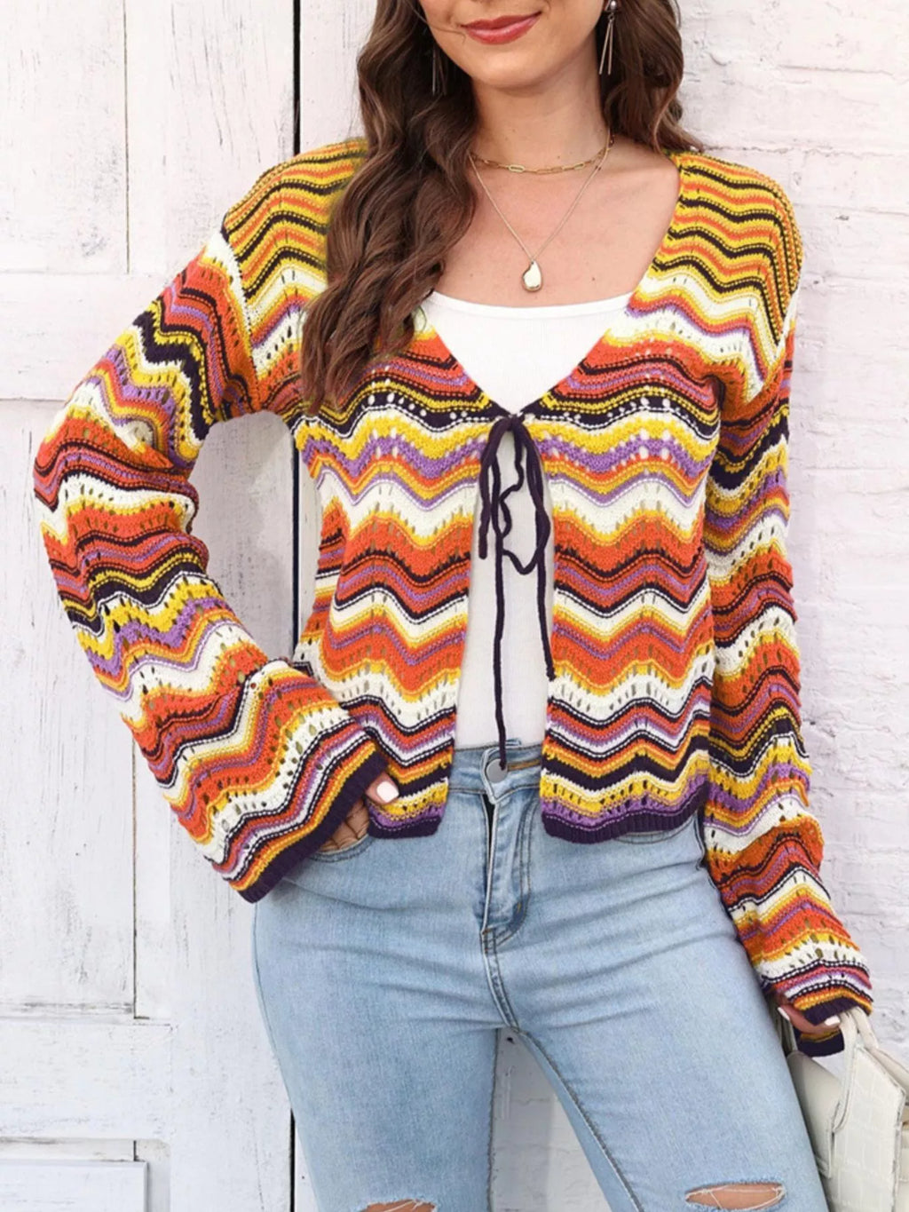 Vibrant Chevron Striped Tie-Front Knit Cardigan