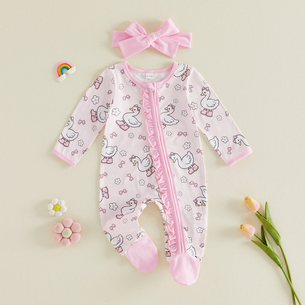 All-over Floral-print Zip-front Footed Romper Thin Style Headband