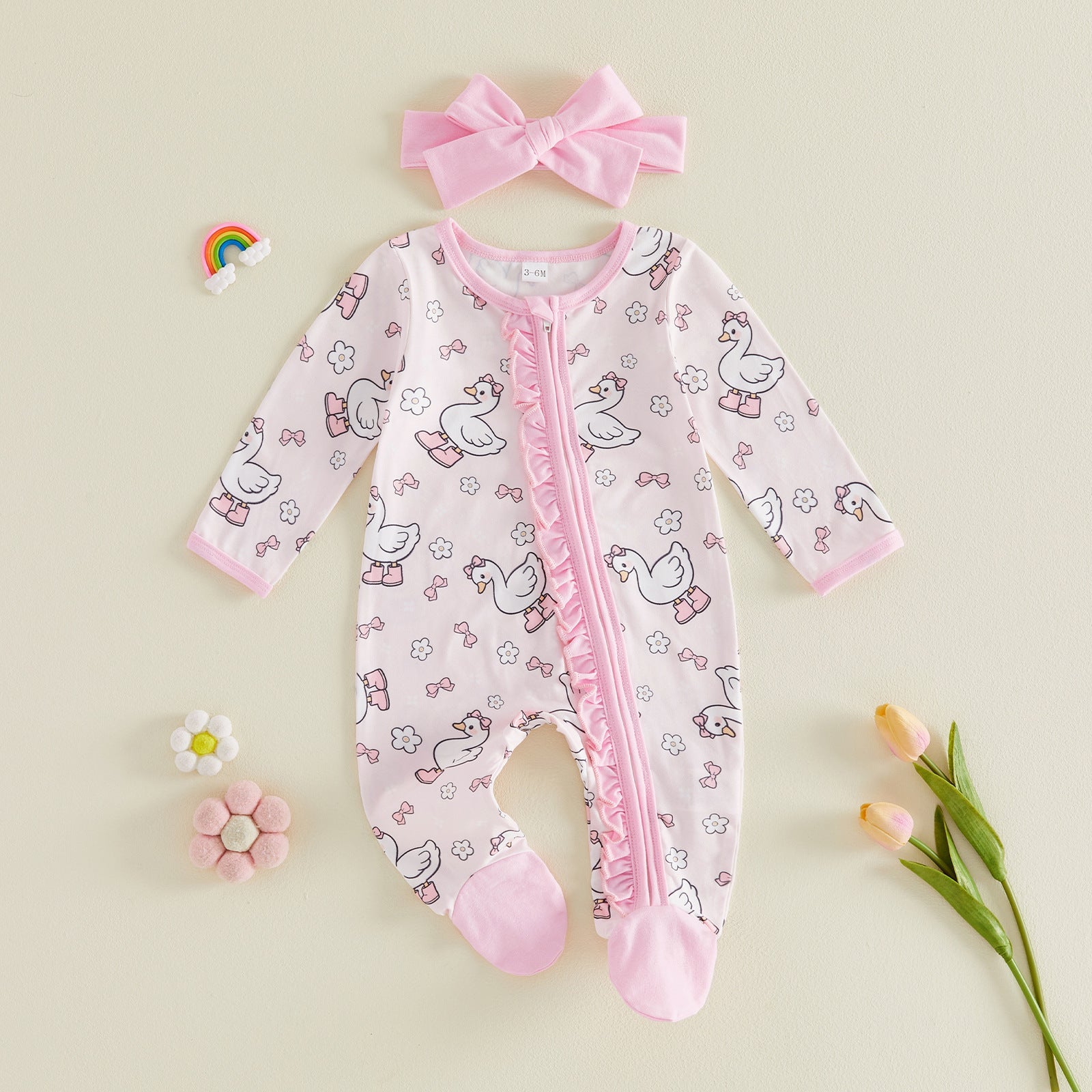 All-over Floral-print Zip-front Footed Romper Thin Style Headband