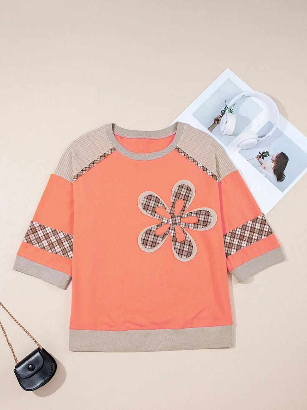 Plaid Patchwork Waffle Knit Short Sleeve Top