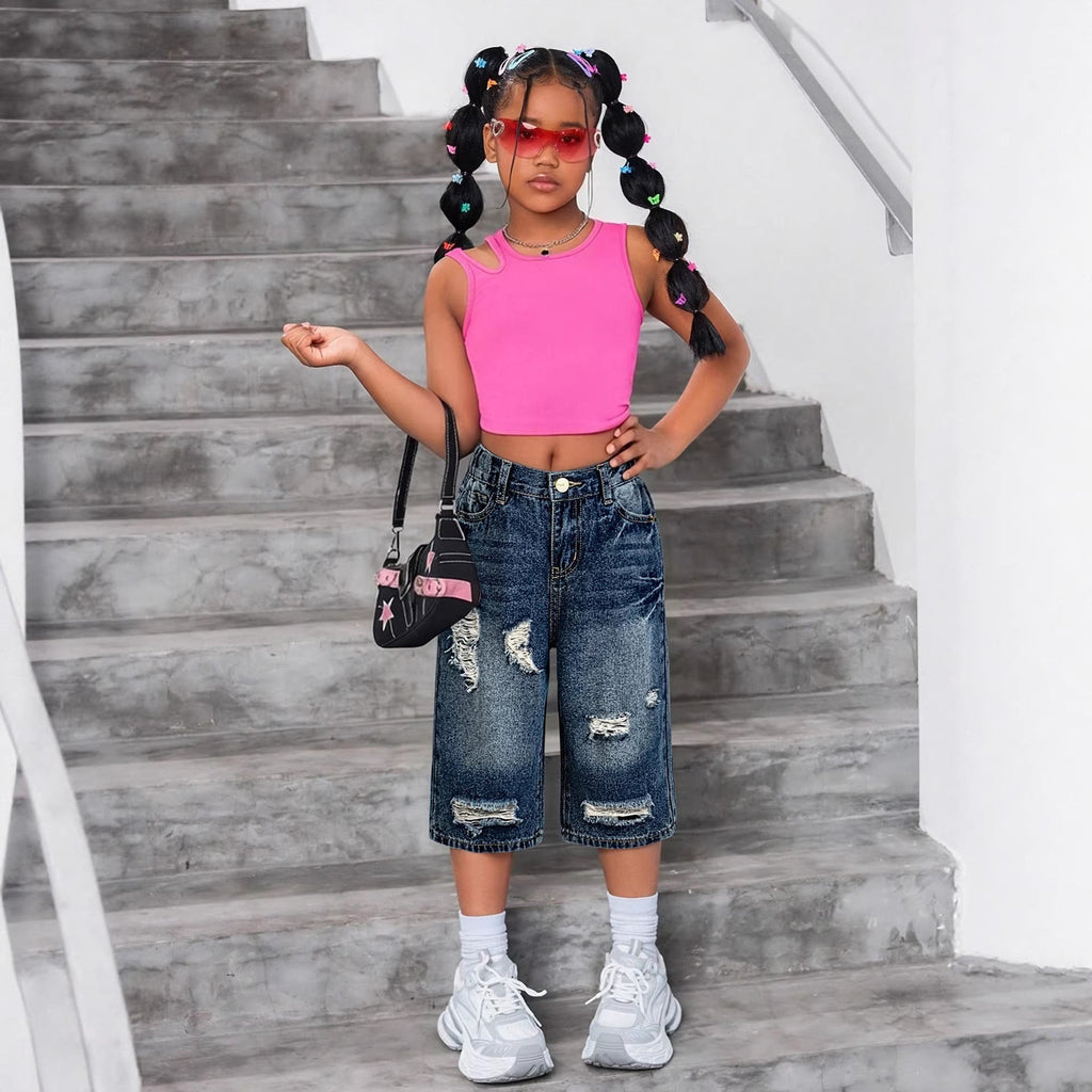 Girl's Nostalgic Washed Distressed Jeans