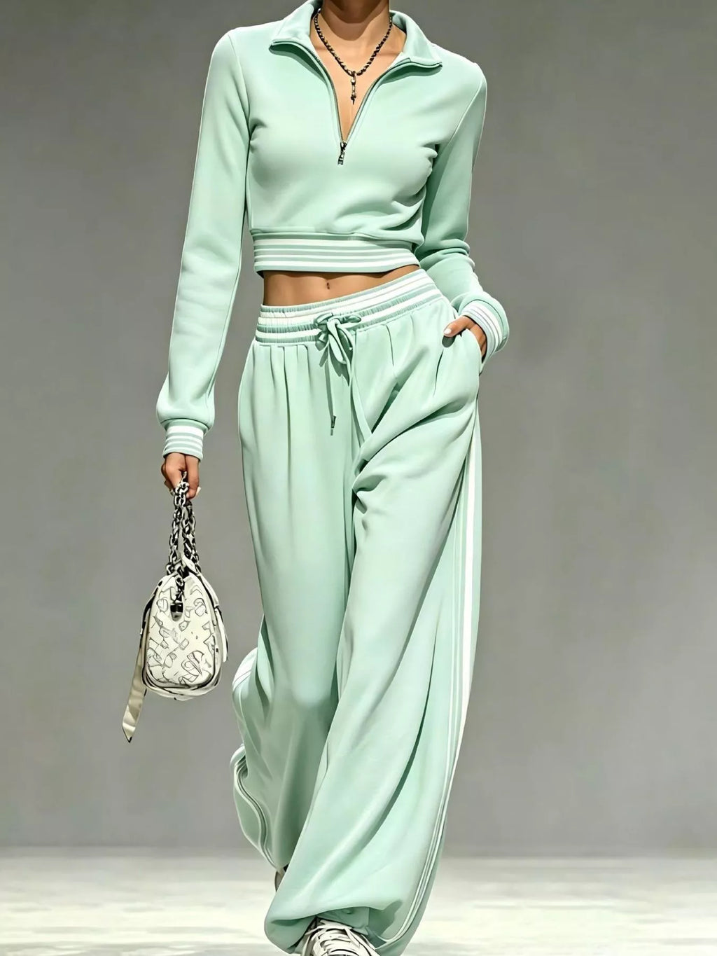 Full Size Half Zip Cropped Top and Pants Set Plus Size