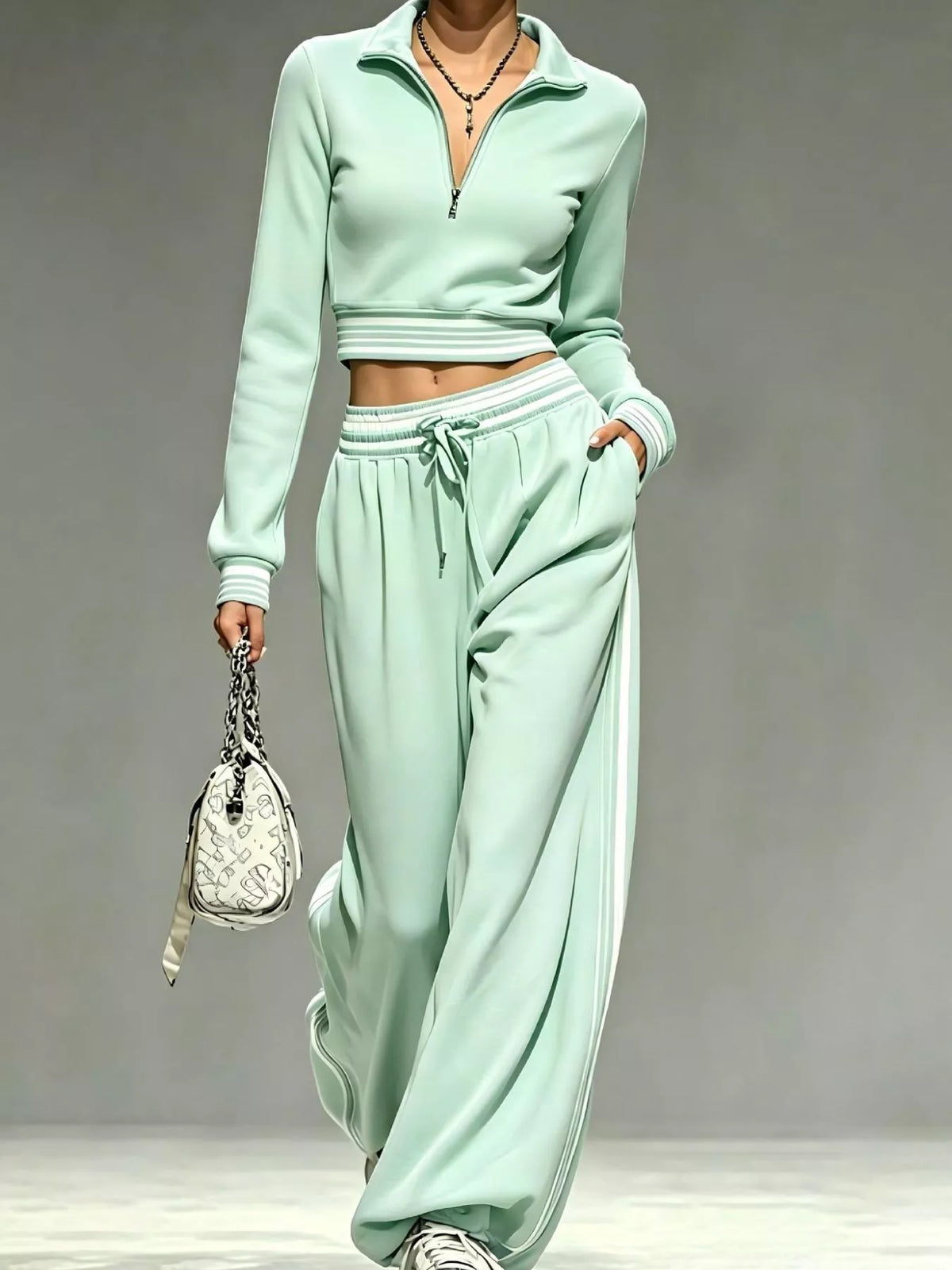 Full Size Half Zip Cropped Top and Pants Set Plus Size