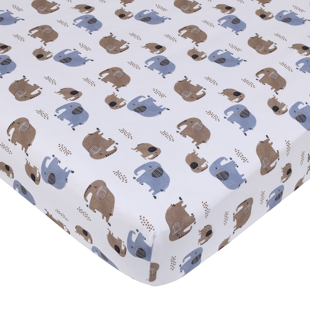 Blue Elephant - White and Tan Elephants Super Soft Fitted Crib Sheet