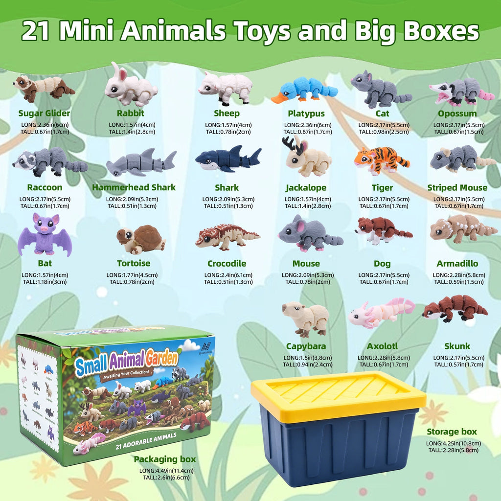 21PCS Mini Animal Figures Set, 3D Printed Cute Animal Collection Including Rabbit, Cat, Shark, Bat, Tiger, Capybara, Axolotl And More