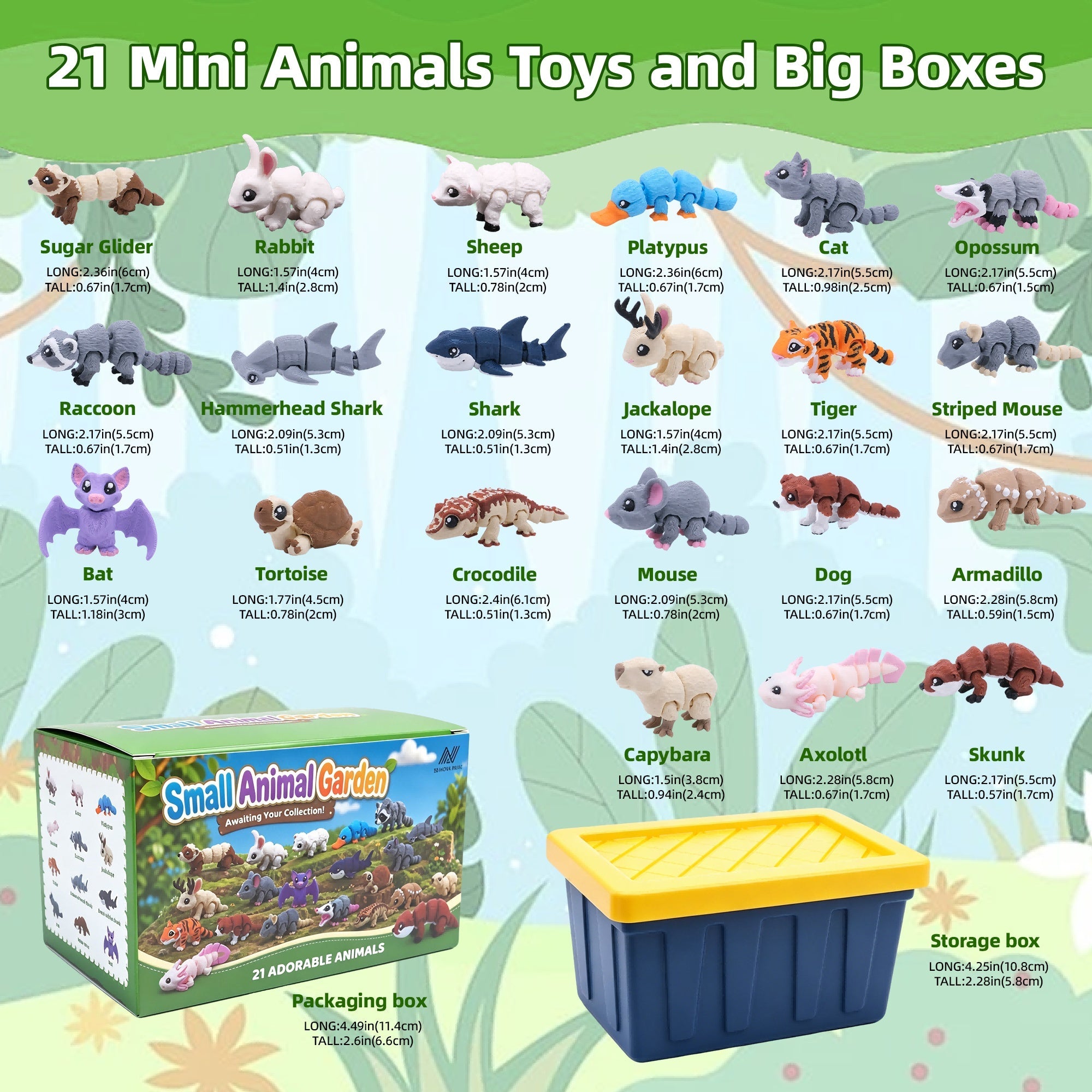 21PCS Mini Animal Figures Set, 3D Printed Cute Animal Collection Including Rabbit, Cat, Shark, Bat, Tiger, Capybara, Axolotl And More