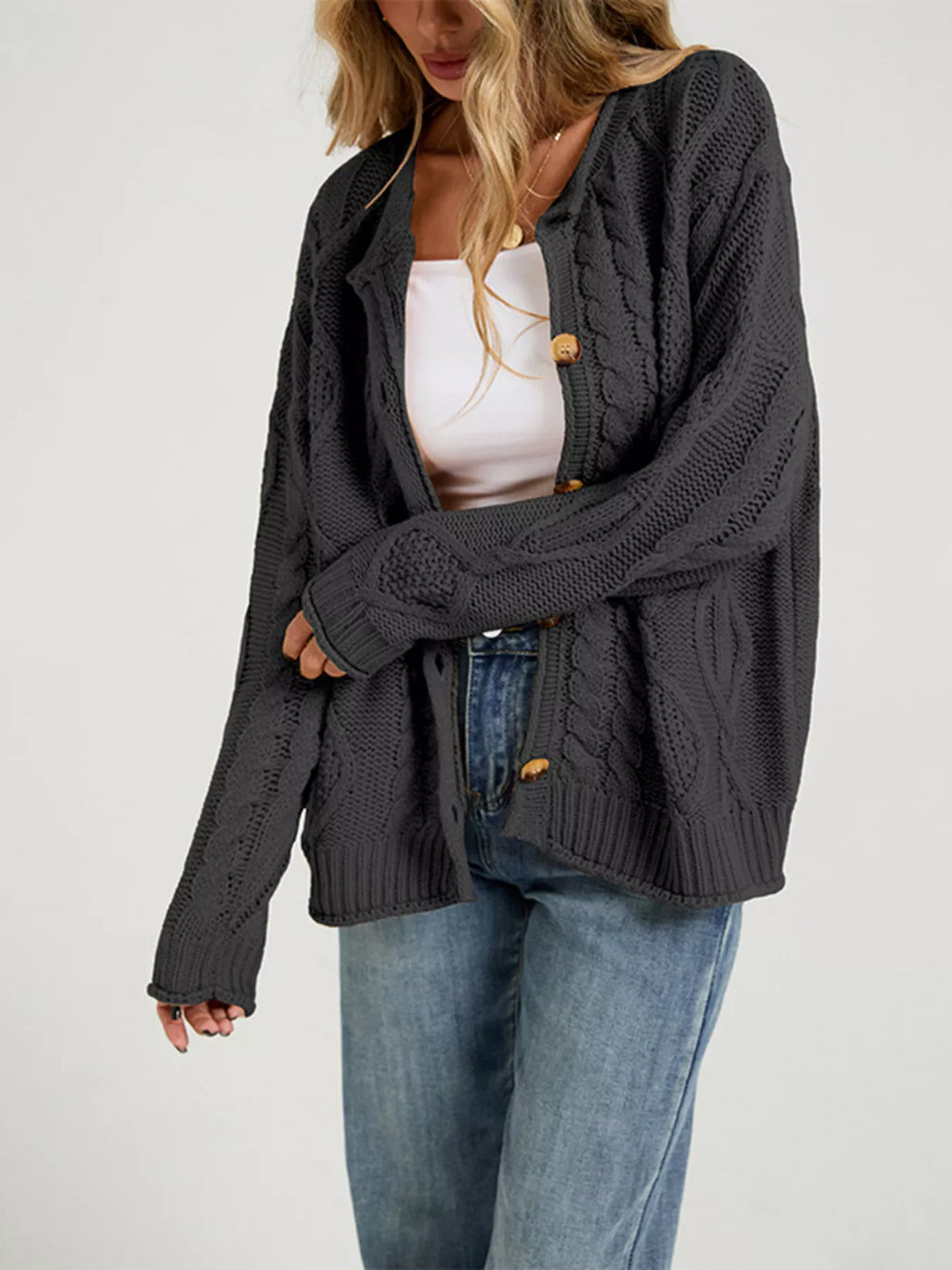 Cable-Knit Button-Down Cardigan