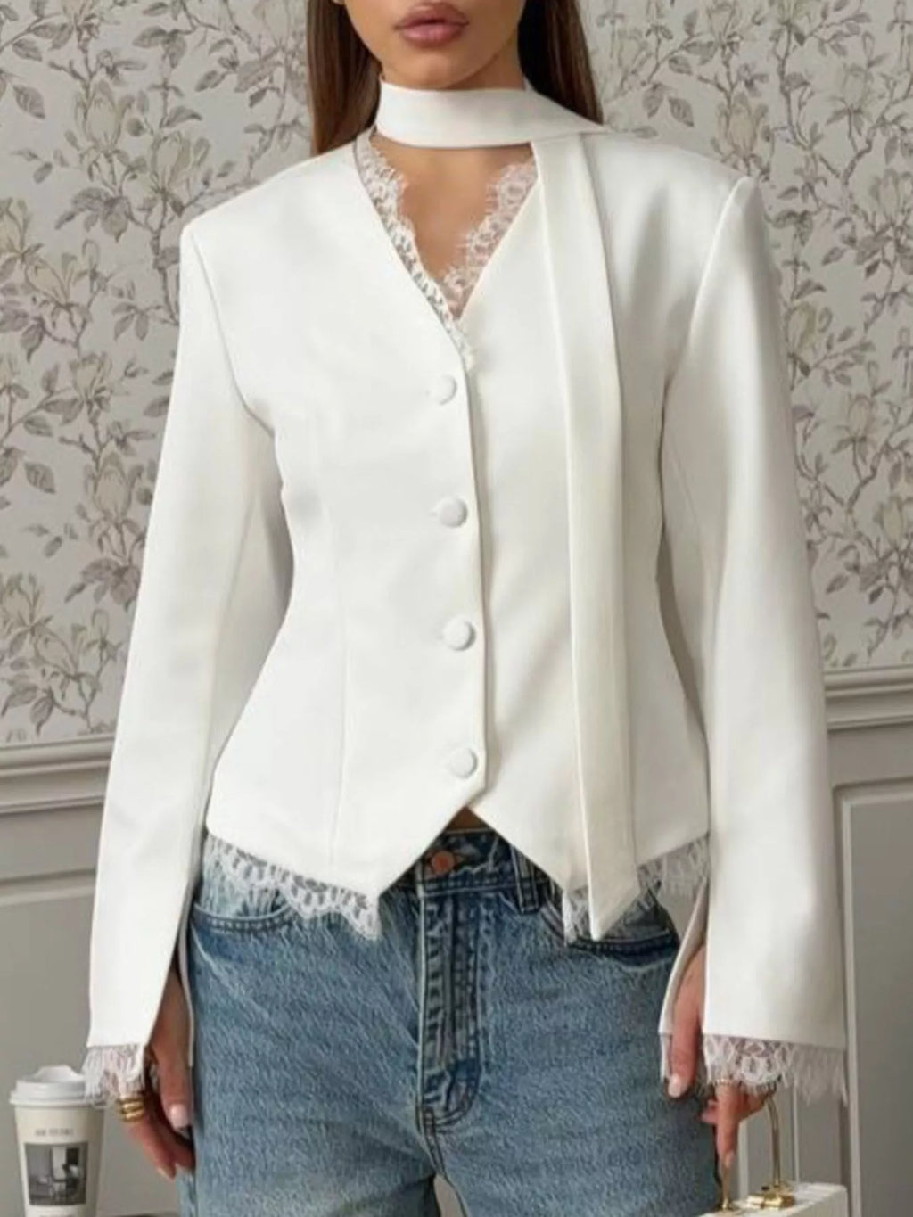 Lace Trim Button Up Blazer