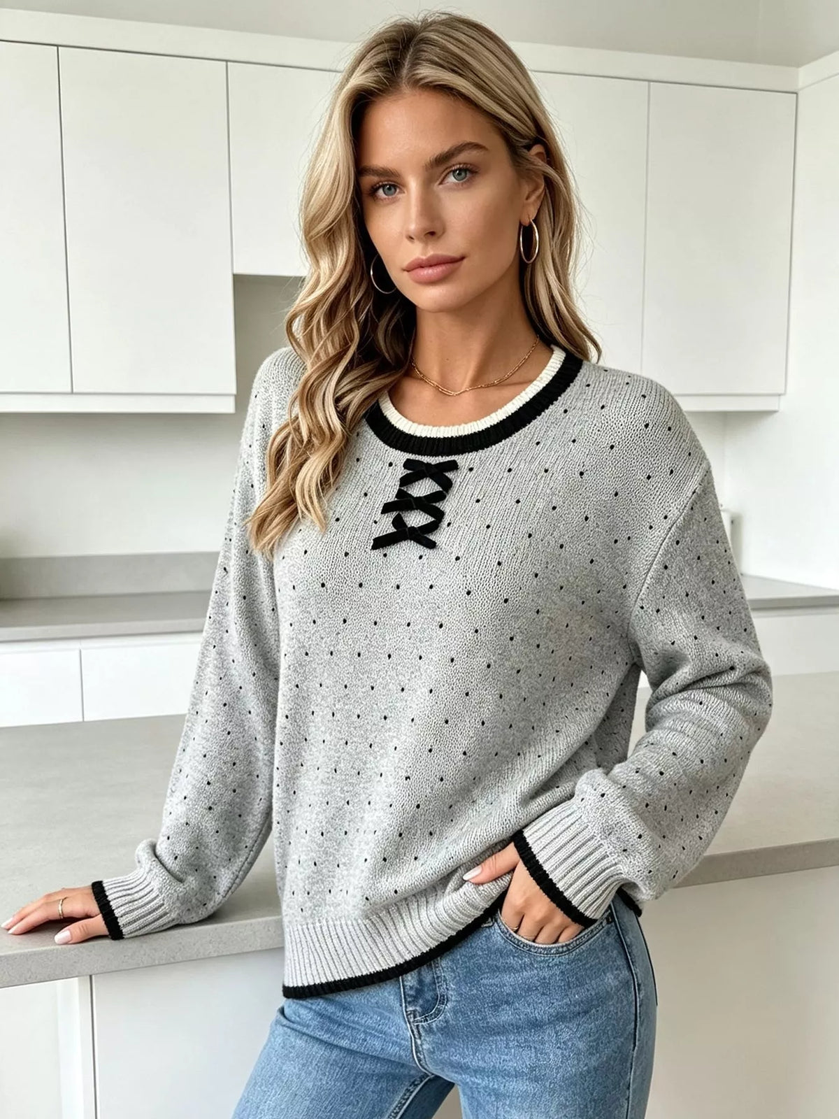 Polka Dot Lace-Up Detail Sweater