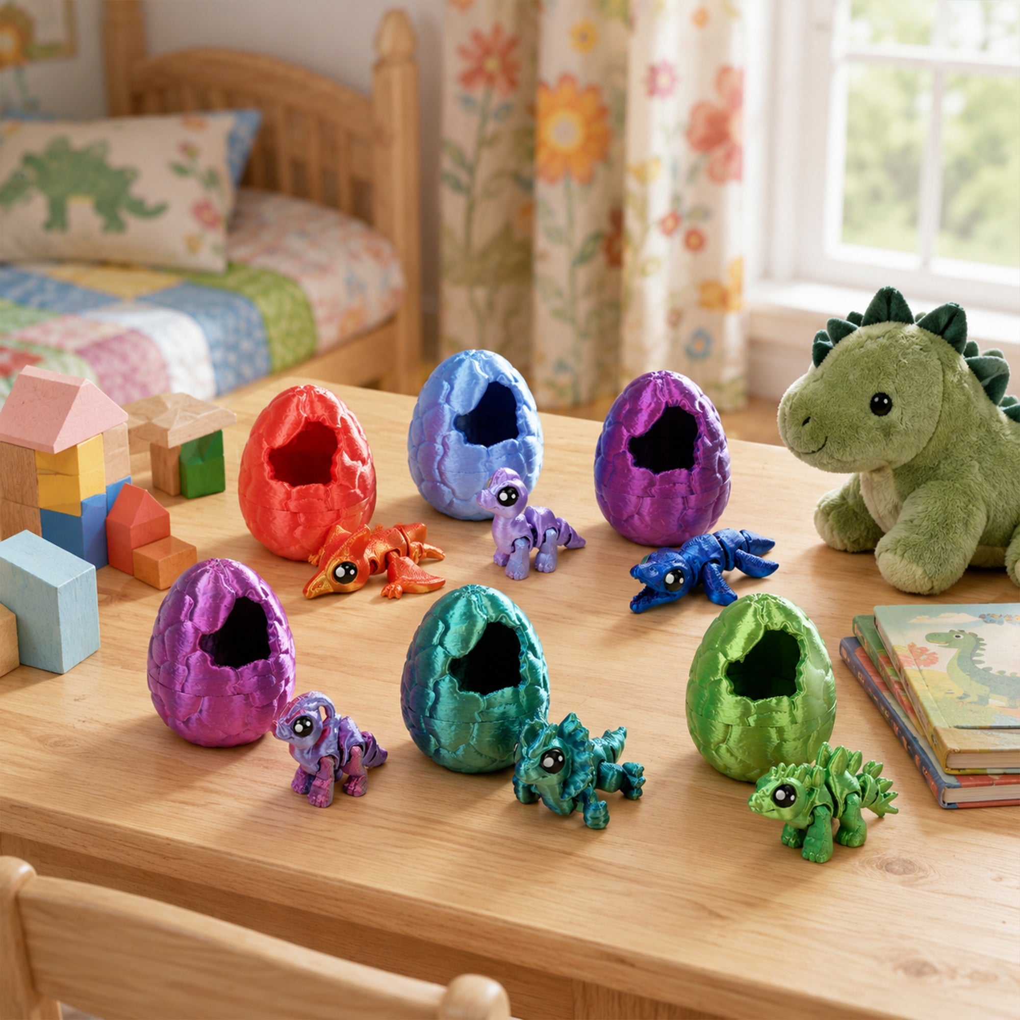 6PCS 3D Printed Articulated Dinosaurs With 6 Openable Dinosaur Eggs Assorted Colors