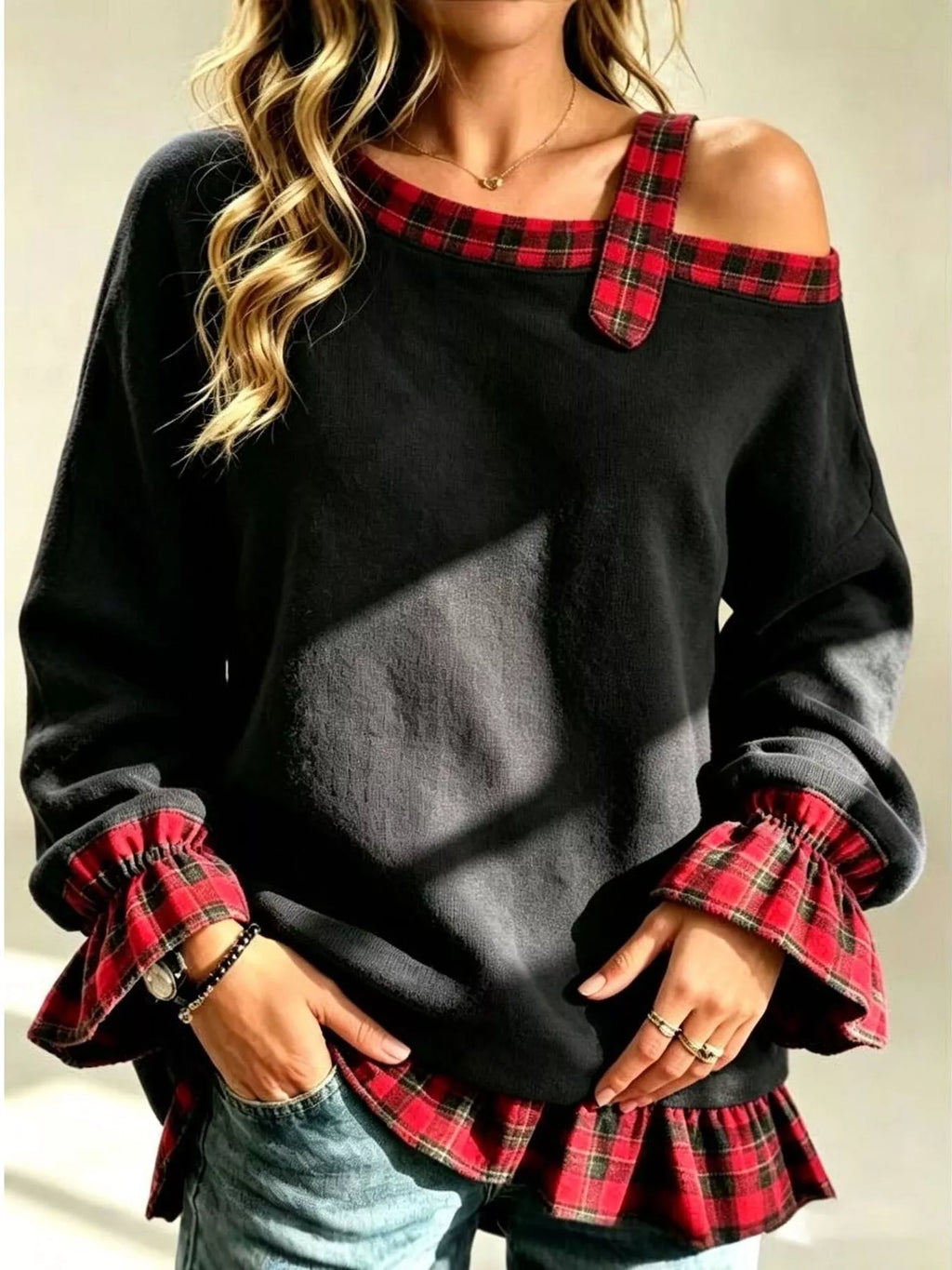 Full Size Cold-Shoulder Plaid Patchwork Long Sleeve Top Plus Size