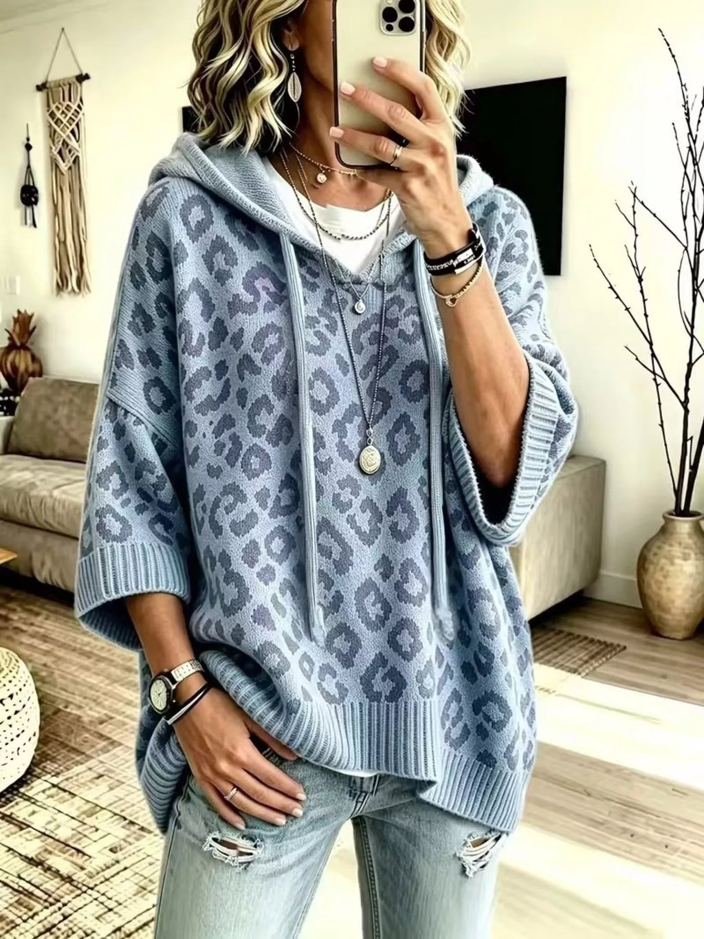 Leopard Print Hooded Knit Sweater