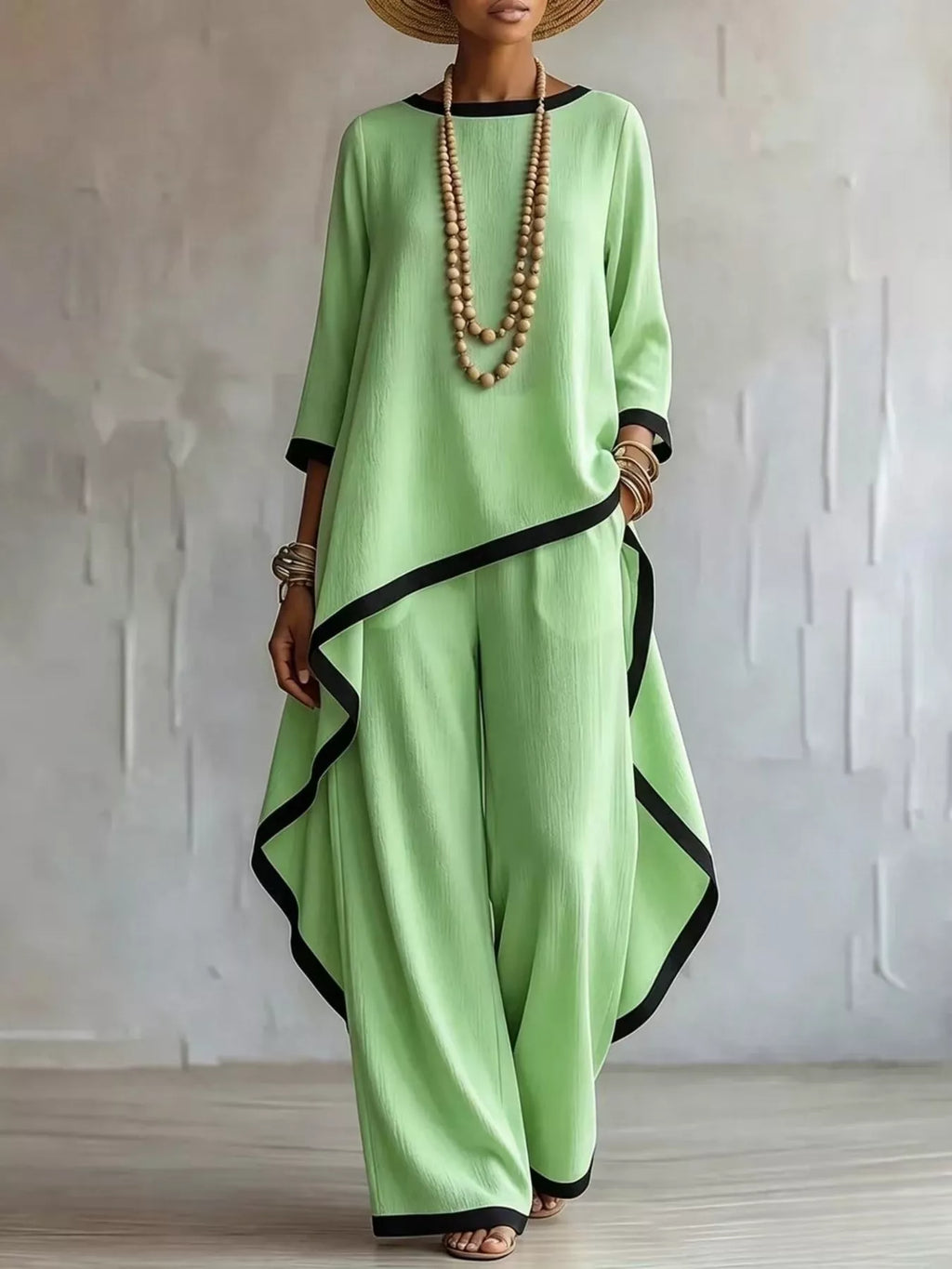 Full Size Contrast Trim High-Low Top and Pants Set Plus Size