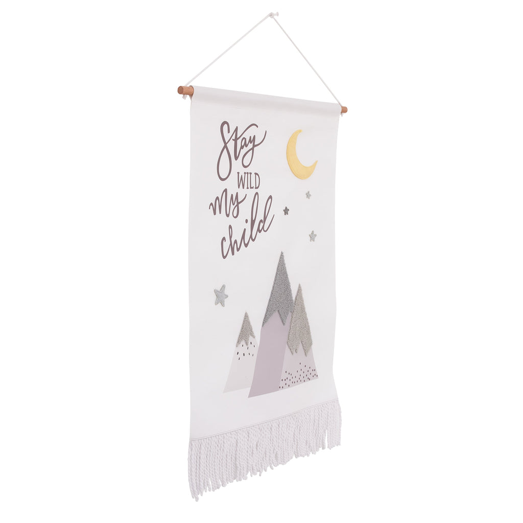 Stay Wild My Child White, Gray and Yellow Mountains, and Crescent Moon Wall DÃ©cor Banner