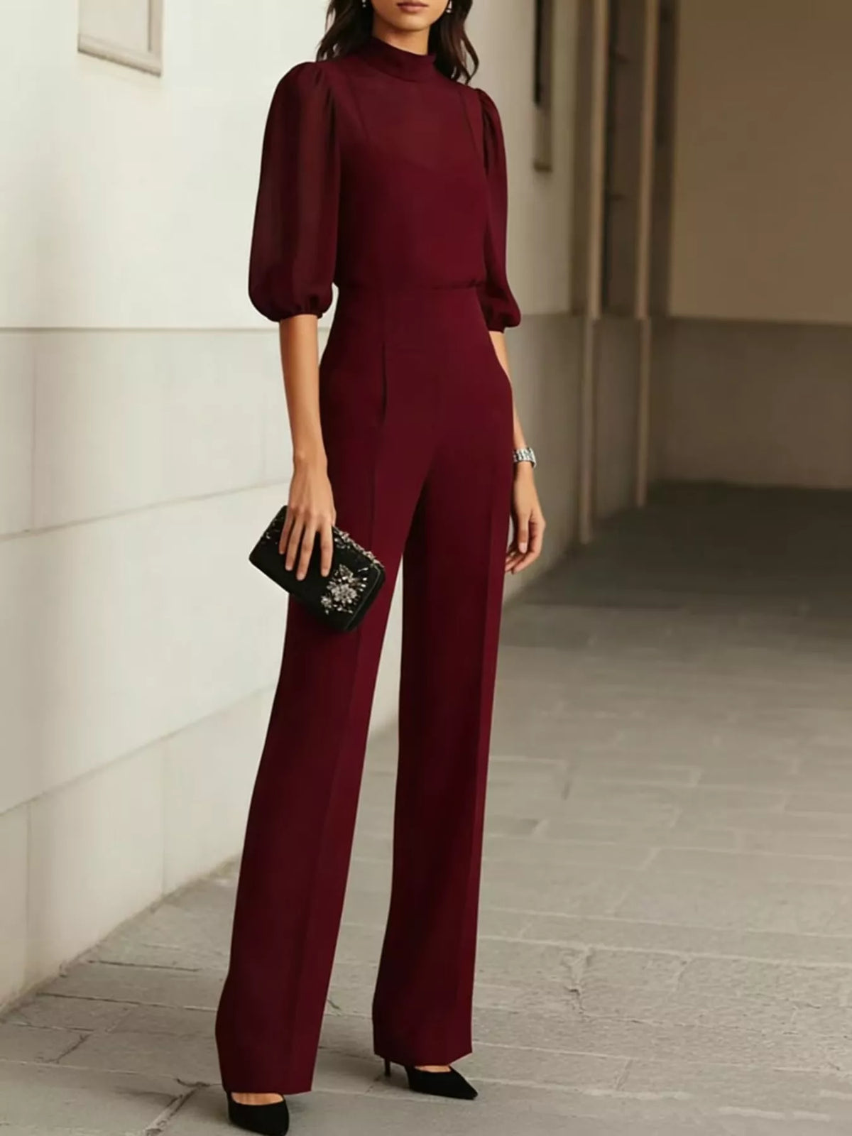 Mock Neck Puff Sleeve Top and Wide Leg Pants Set