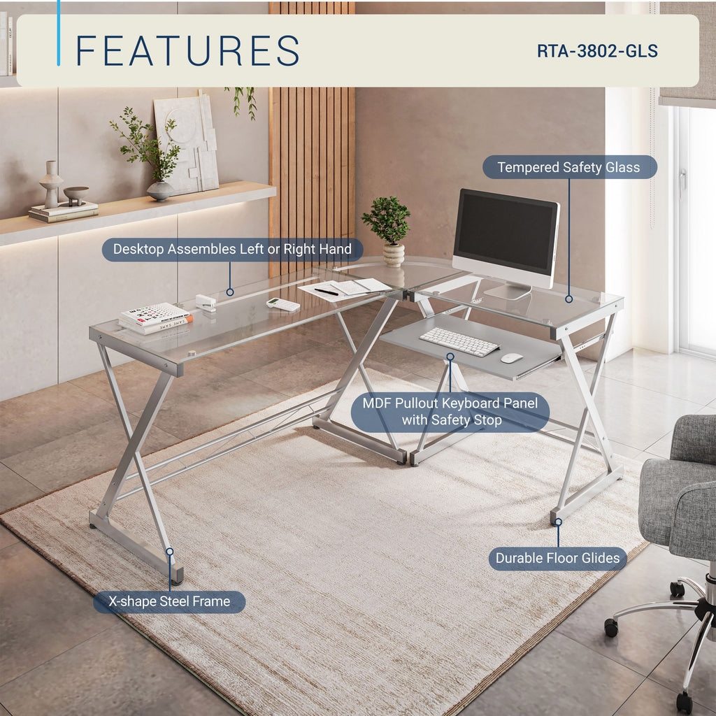 Techni Mobili L-Shaped Tempered Glass Top Computer Desk with Pull Out Keyboard Panel, Clear