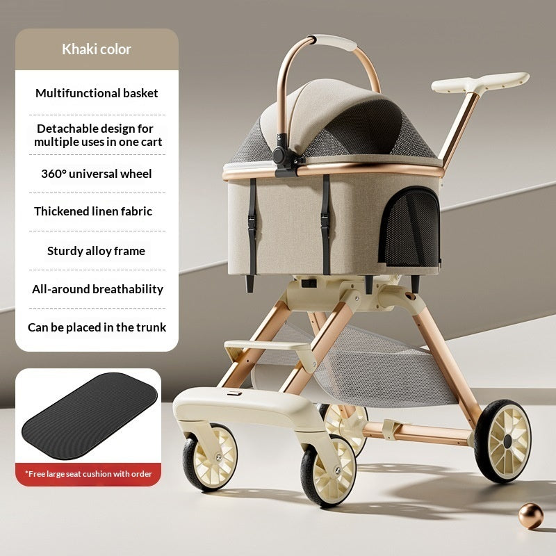 Luxury Cat Stroller With Detachable Pet Carrier, Foldable, Sturdy Alloy Frame