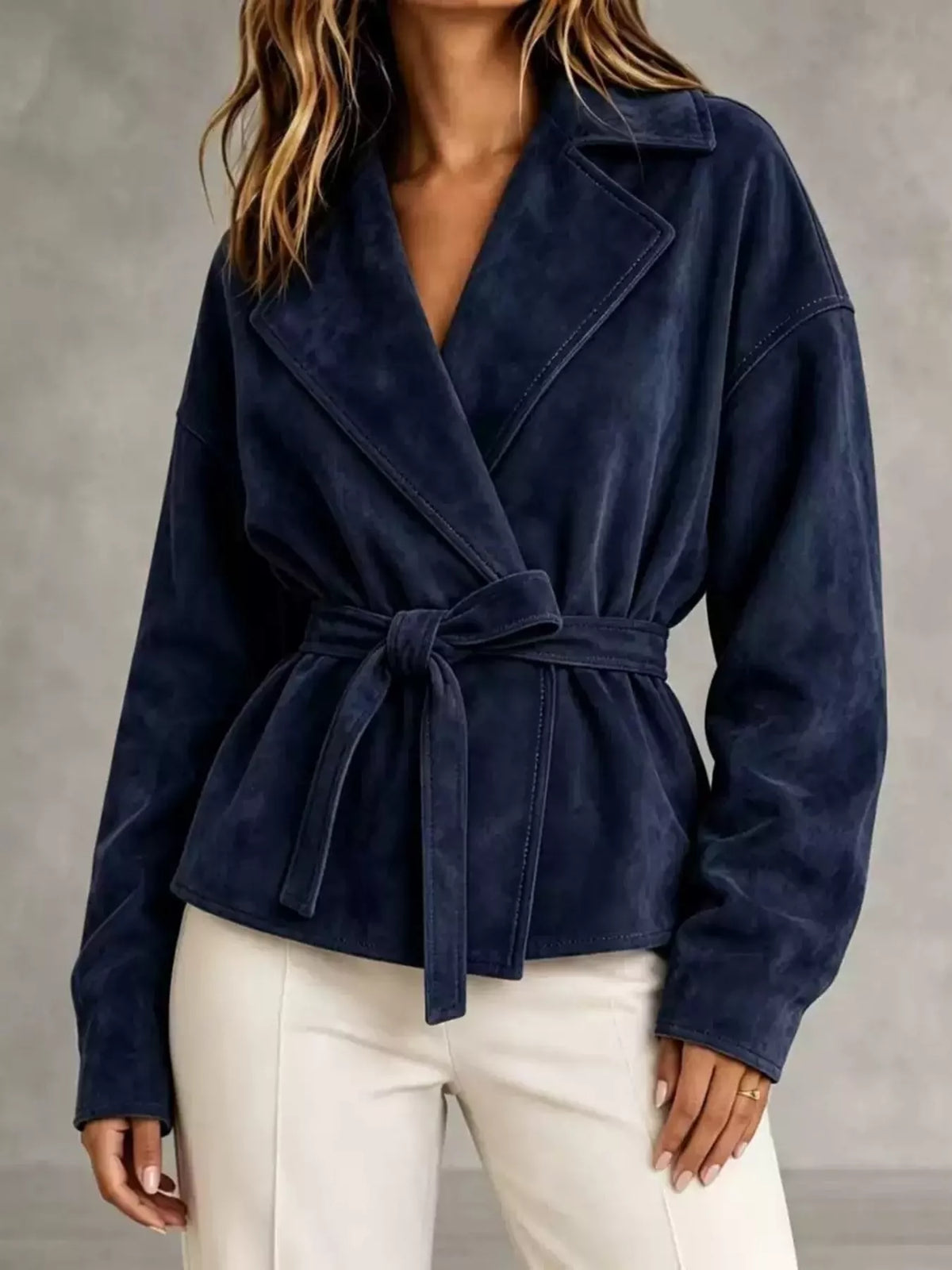 Tie-Waist Lapel Collar Jacket