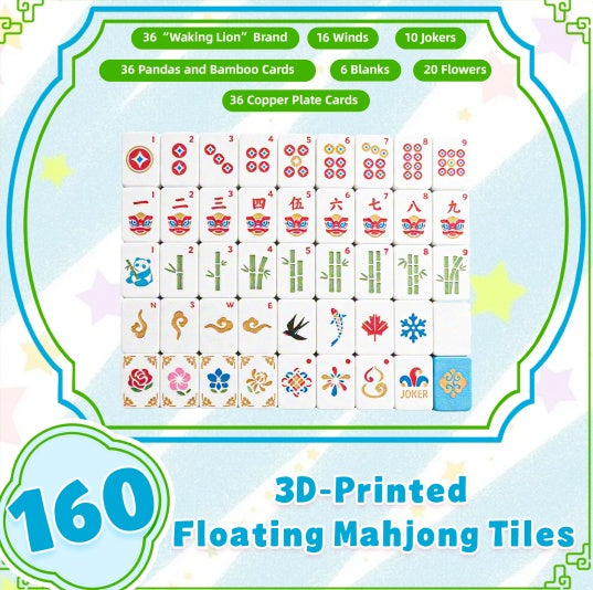 160PCS 3D Printed Floating American Mahjong Tile Set With 4 Dice, Blue Dual-Layer Mahjong Tiles With Arabic Numbers, Jokers & Flowers For Game Night