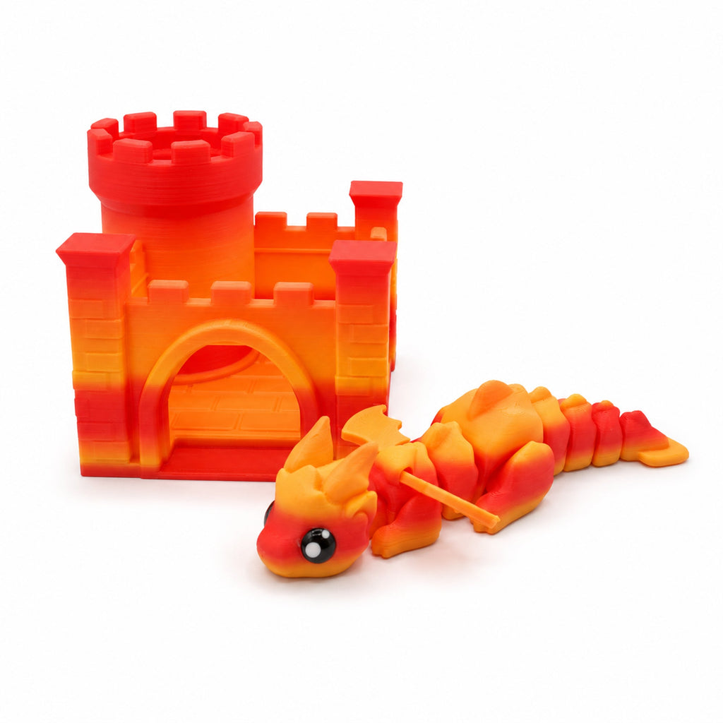 3D Printed Articulated Dragon And Castle Set, Cute Movable Flying Dragon Figure With Mini Castle, Desk Decor Fidget Toy Gift For Kids And Adults