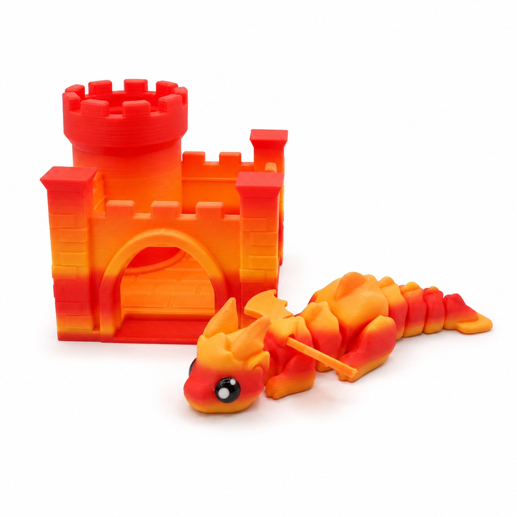 3D Printed Articulated Dragon And Castle Set, Cute Movable Flying Dragon Figure With Mini Castle, Desk Decor Fidget Toy Gift For Kids And Adults