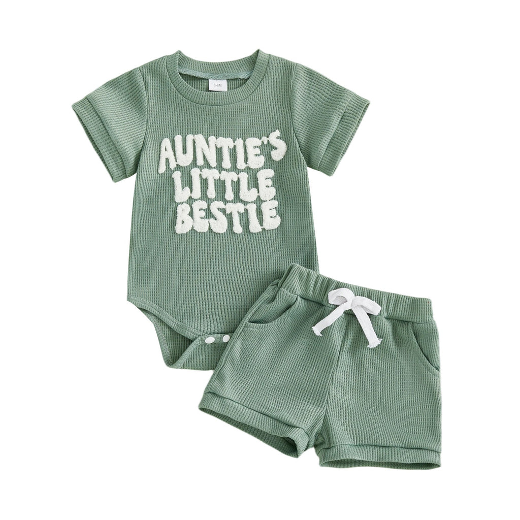 Baby Boy Romper Waffle-Weave Towel Embroidered Letter Top And Shorts