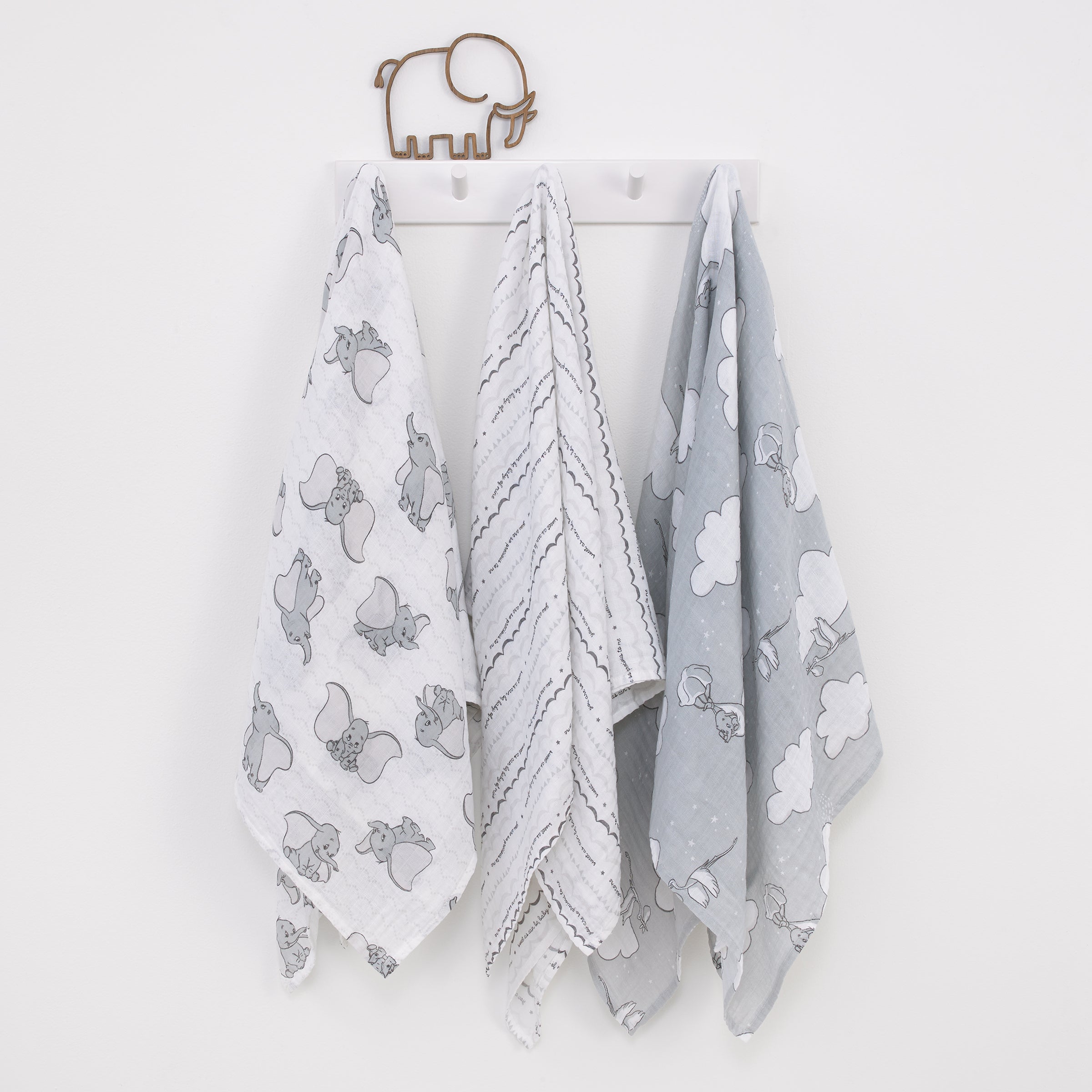 Disney Dumbo Gray and White 3 Piece Muslin Swaddle Baby Blanket Set