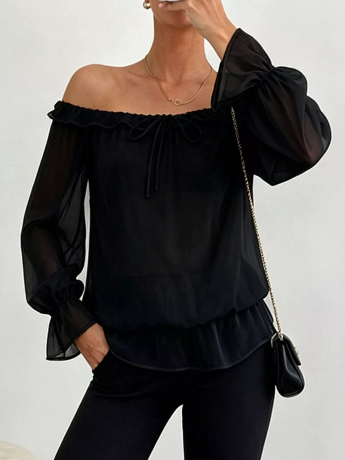 Off-Shoulder Flounce Sleeve Chiffon Blouse