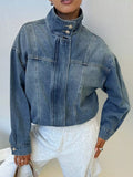 Washed Stand-Up Collar Denim Jacket