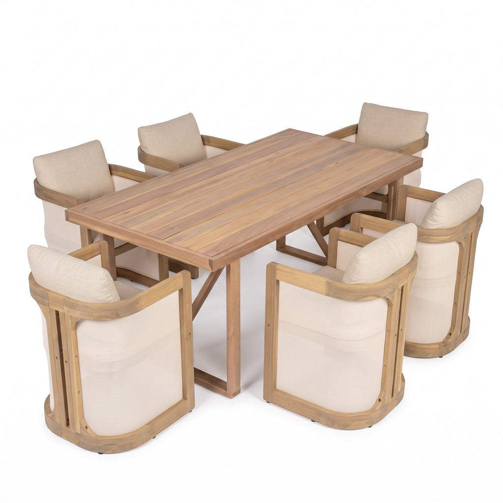 7‑Piece Acacia Wood Patio Dining Set, 67" Rectangular Slatted Table A‑Frame Legs Light