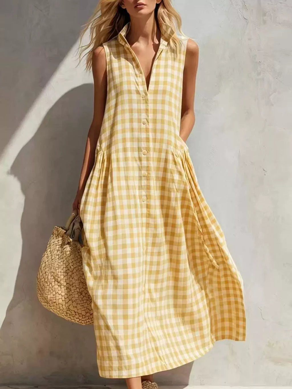 Full Size Sleeveless Gingham Button-Down Midi Dress Plus Size
