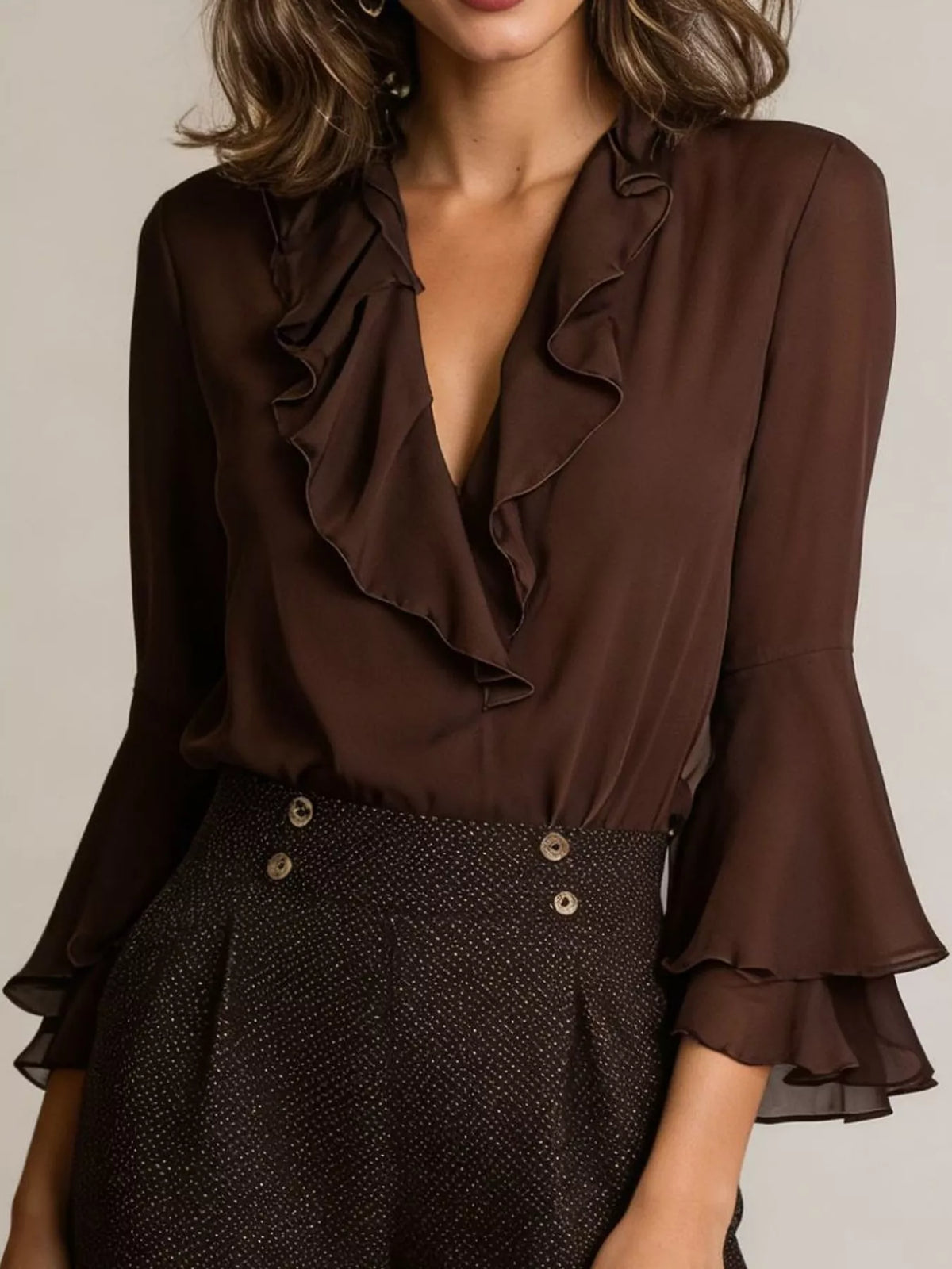 Ruffle-Trim V-Neck Blouse with Bell Sleeves