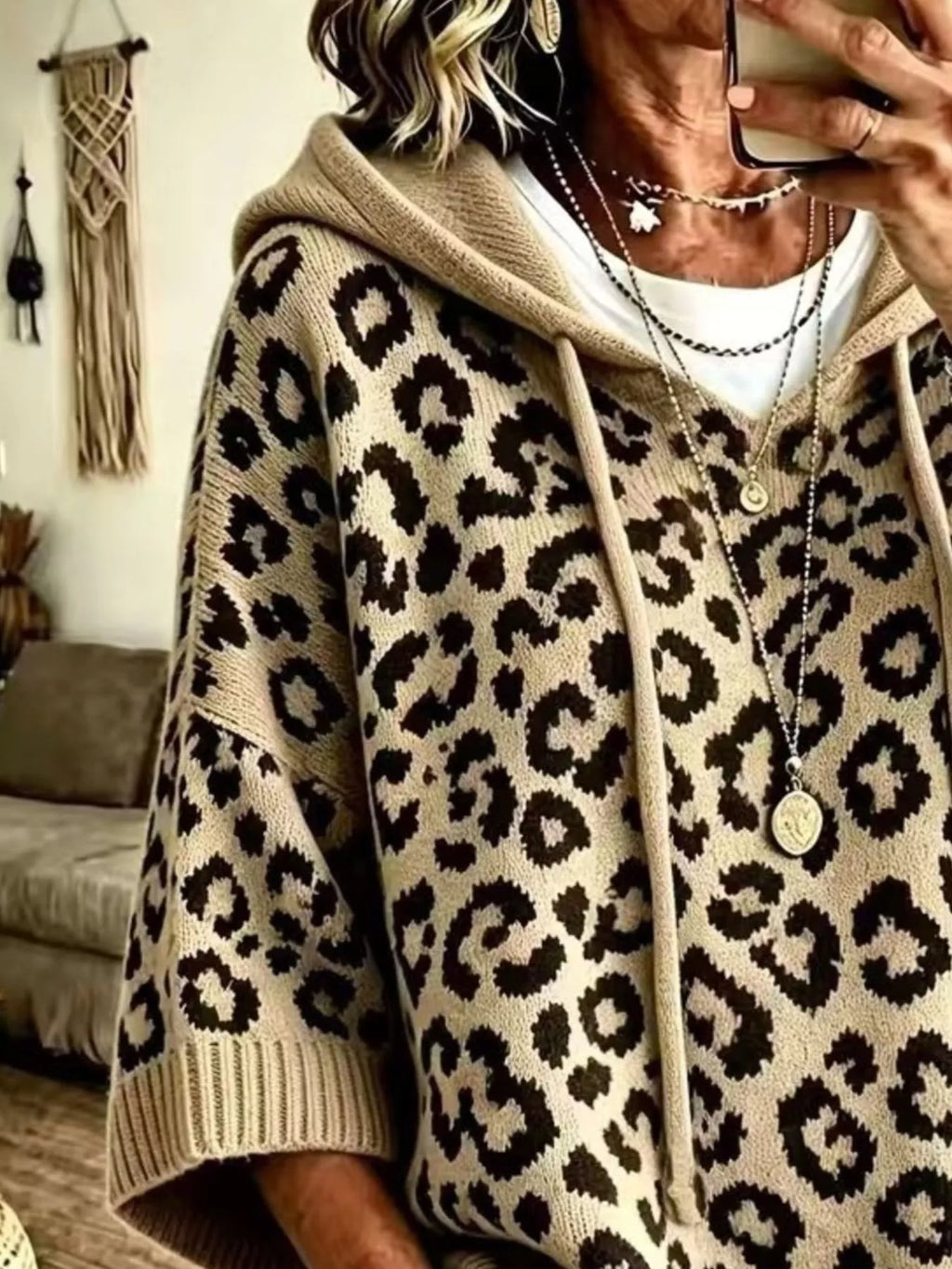 Leopard Print Hooded Knit Sweater