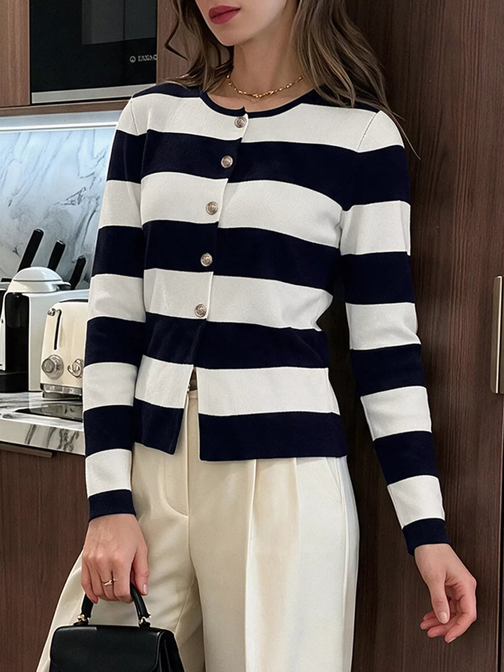 Striped Button-Down Knit Cardigan