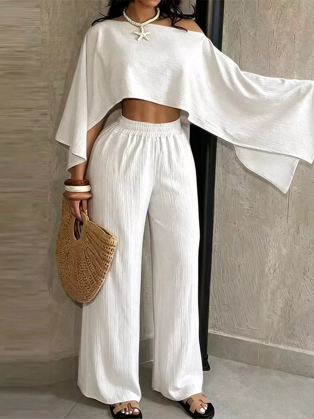Boat Neck Crop Top and Wide-Leg Pants Set
