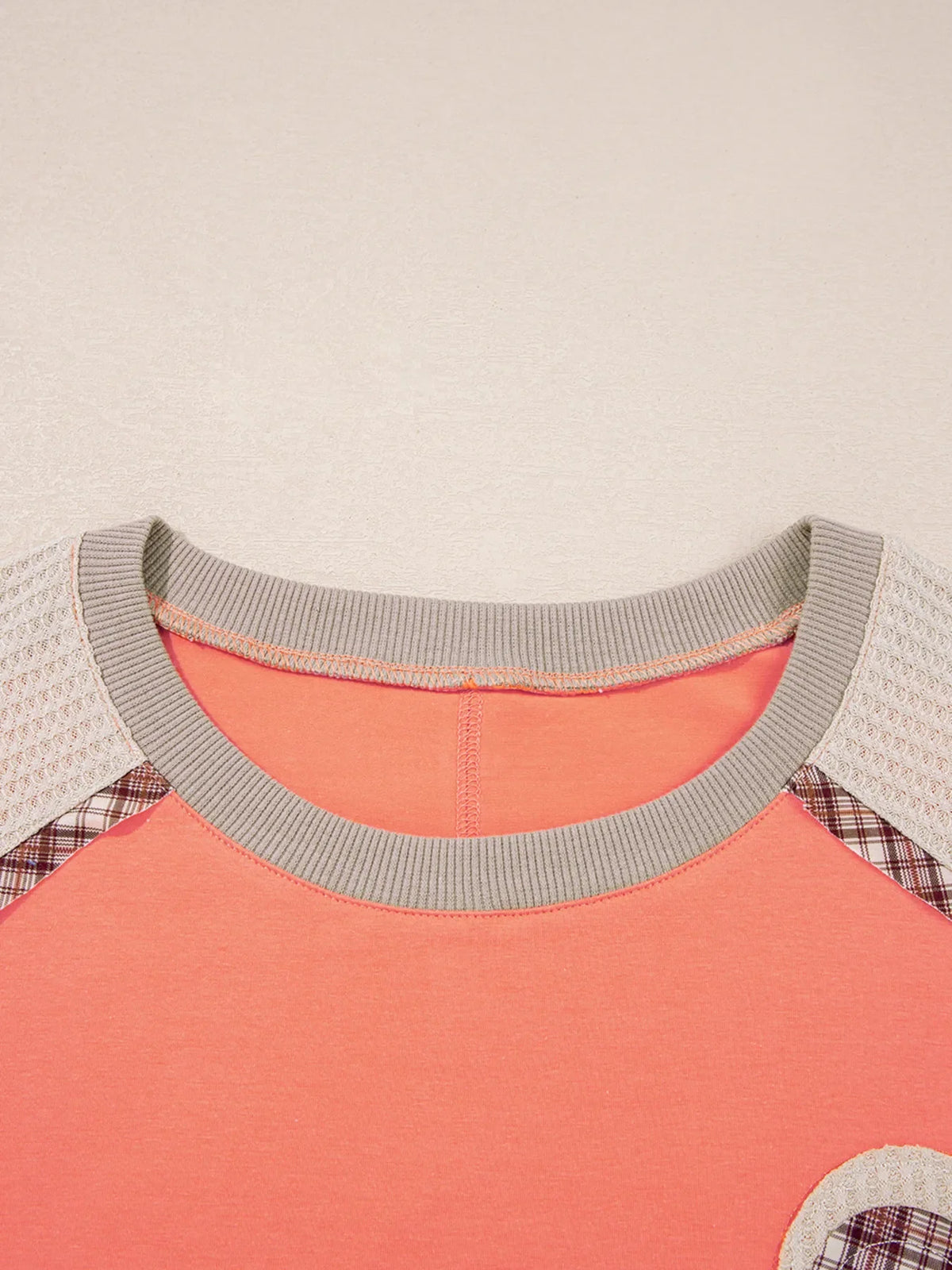 Plaid Patchwork Waffle Knit Short Sleeve Top