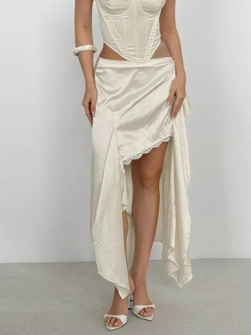 Satin High-Low Lace Trim Skirt
