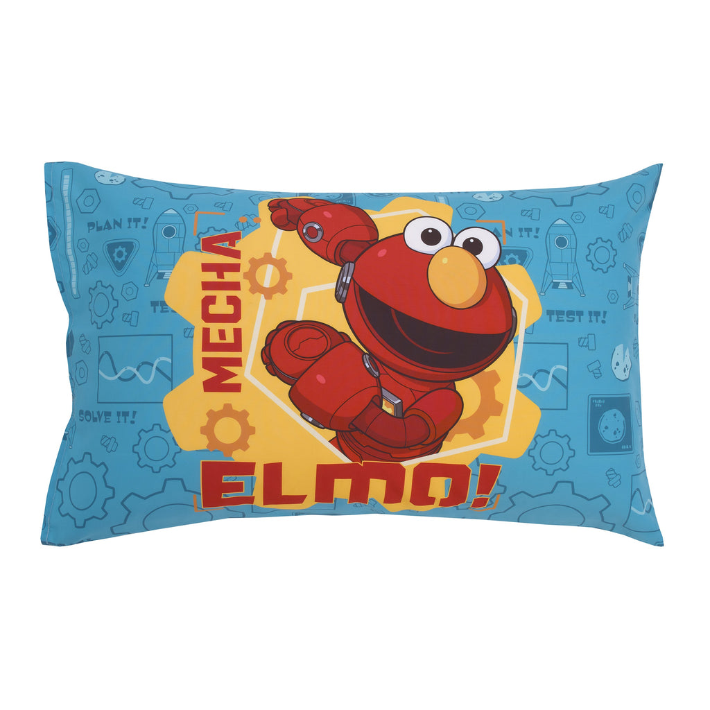 Mecha Builders Blue, Red, and Gold, with Cookie Monster, Elmo and Abby 4 Piece Toddler Bed Set - Comforter, Fitted Bottom Sheet, Flat Top Sheet, and Reversible Pillowcase