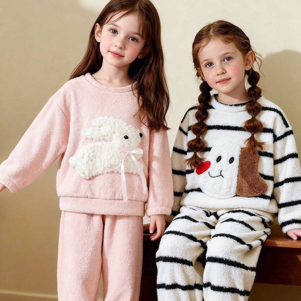 Cute-style Plush Thickened Warm Pajama And Loungewear Set For Little Girls