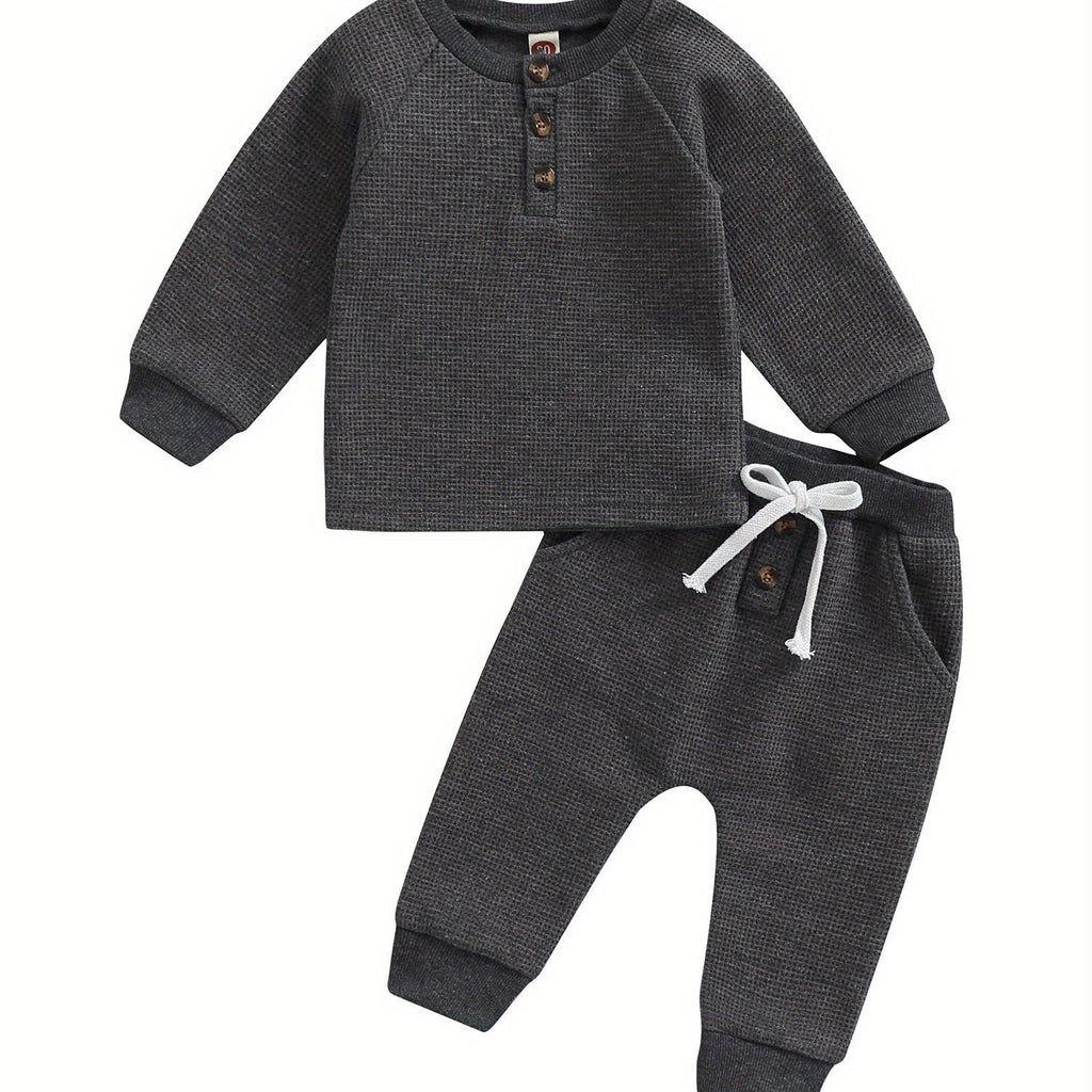 Toddler Thicken Waffle Clothes Set Boy Girls Buttons Round