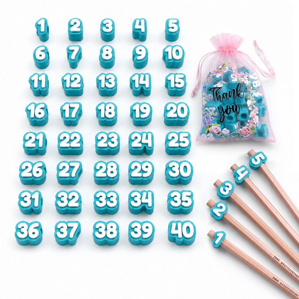40PCS Numbered Pencil Toppers, 1-40 Reusable 3D Printed Pencil Number Caps, Side-Entry Pencil Labels For Classroom Organization, Teachers, Students & Homeschool