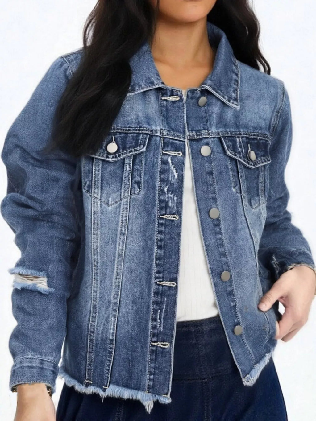 Distressed Raw Hem Denim Jacket