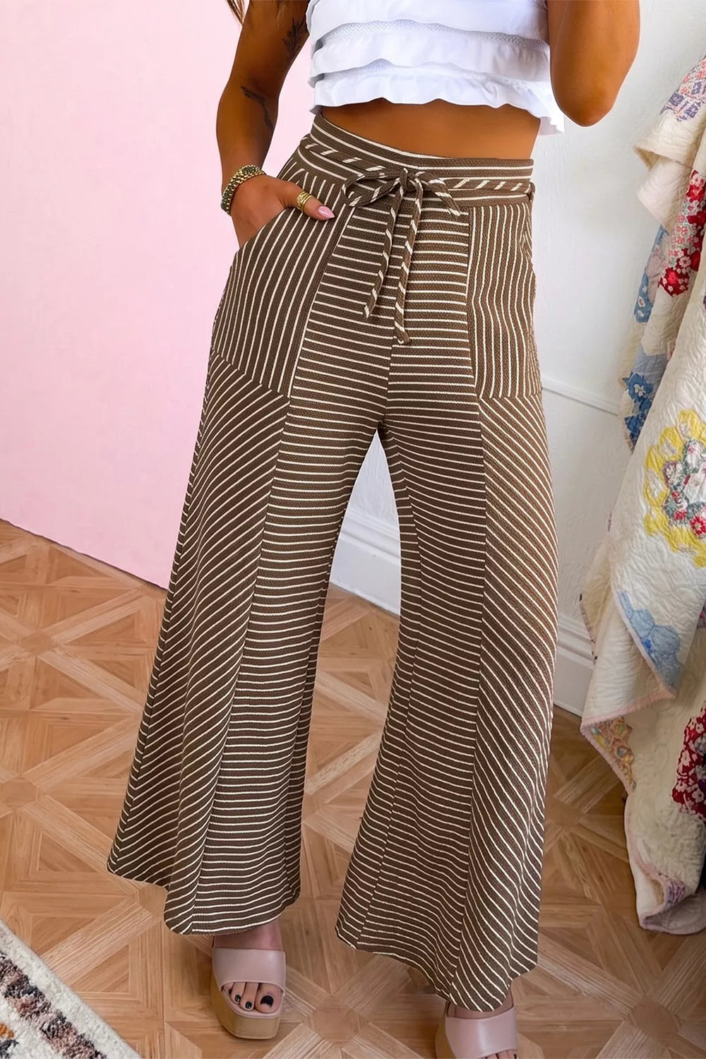 Stripe Patchwork Design Wide Leg Casual Pants