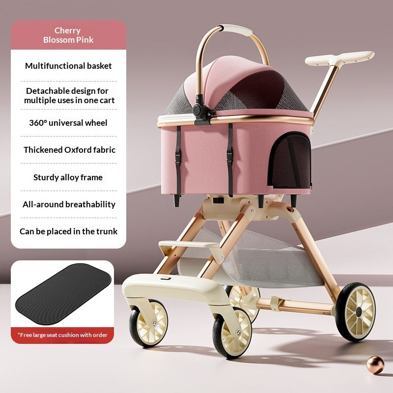 Luxury Cat Stroller With Detachable Pet Carrier, Foldable, Sturdy Alloy Frame