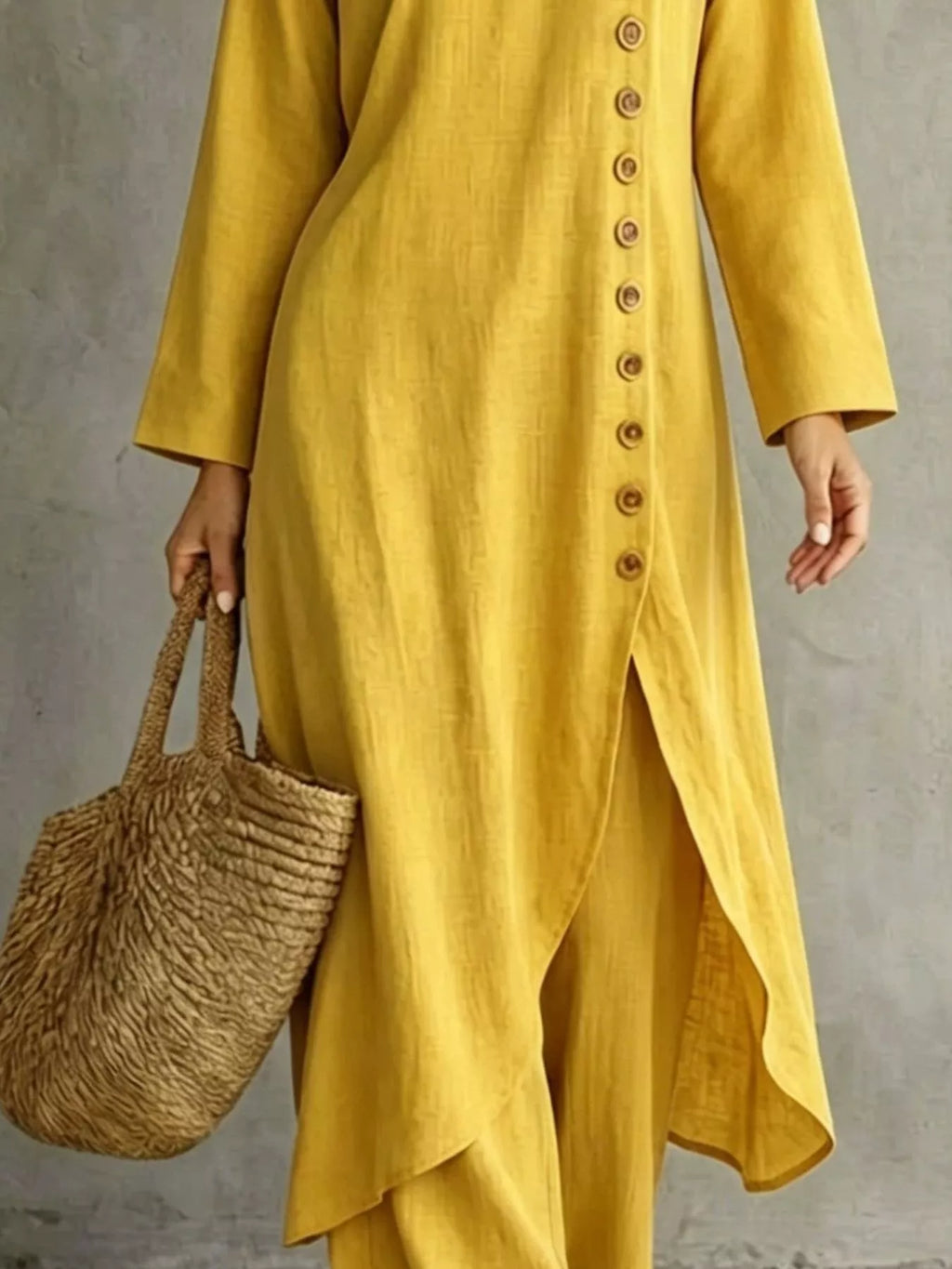 Full Size Side-Buttoned Longline Top and Pants Set Plus Size