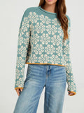 Floral Contrast Trim Dropped Shoulder Sweater