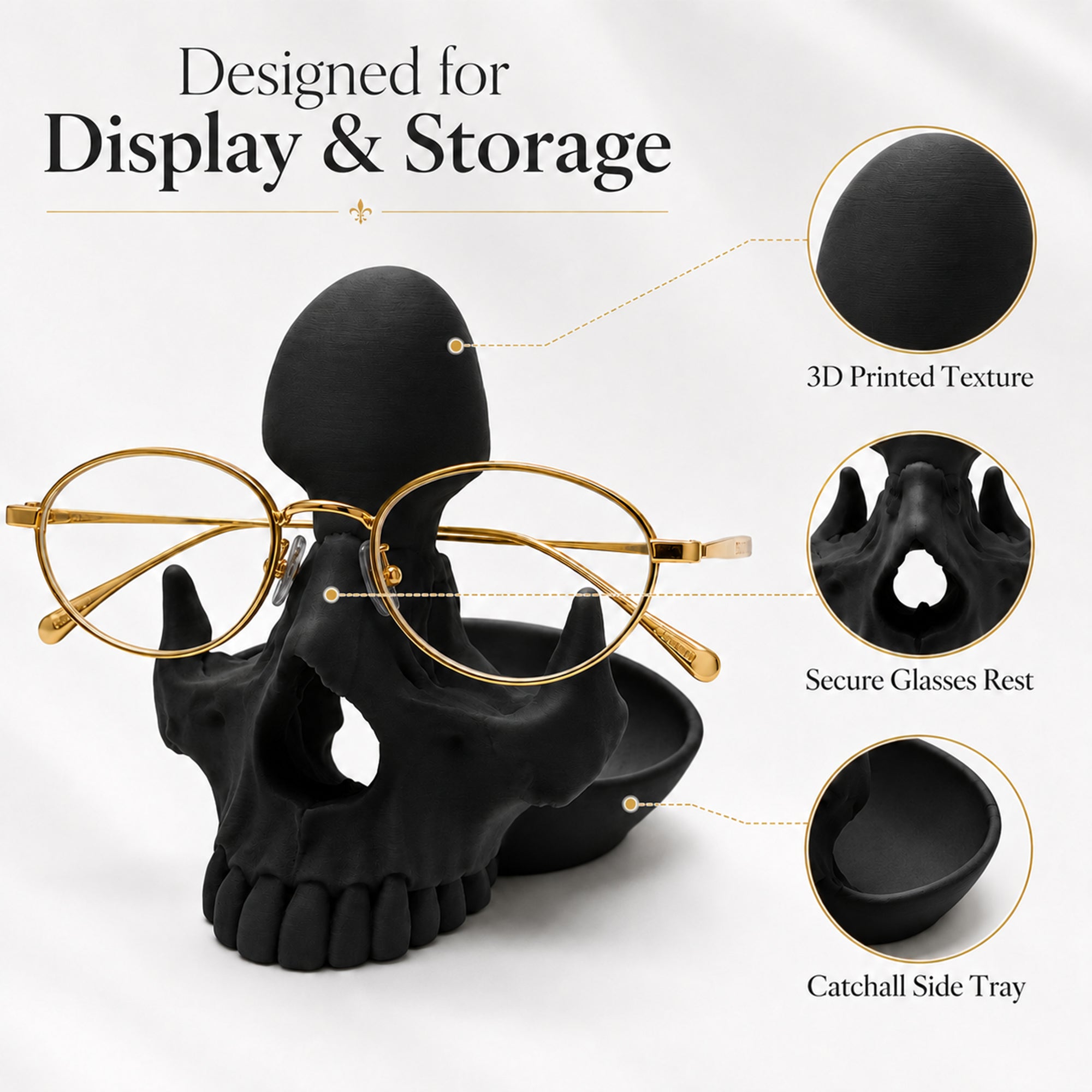 3D Printed Skull Eyeglasses Holder With Catchall Tray, Gothic Glasses Stand Desk Organizer For Sunglasses, Jewelry And Small Items