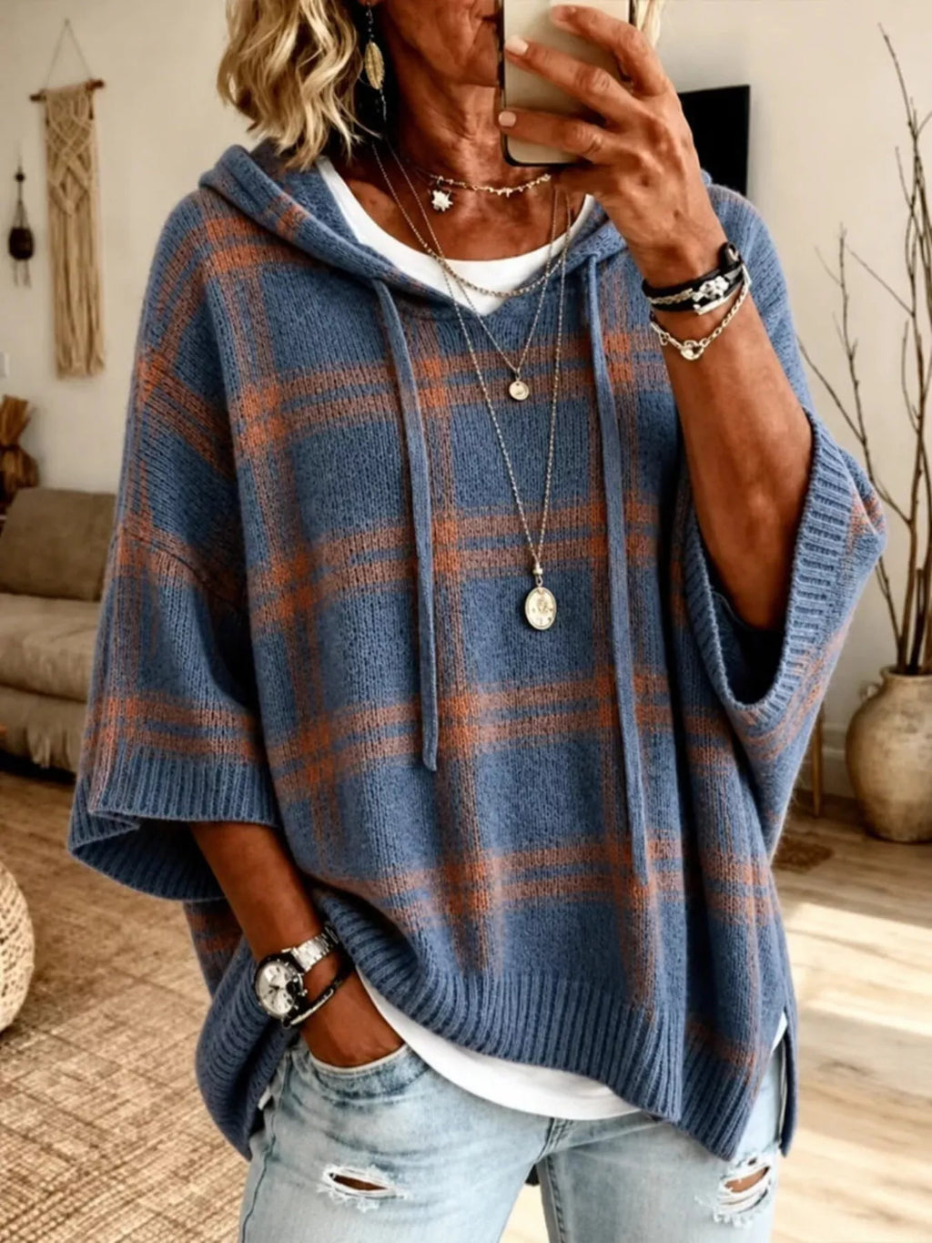 Full Size Drawstring Plaid Hooded Sweater Plus Size